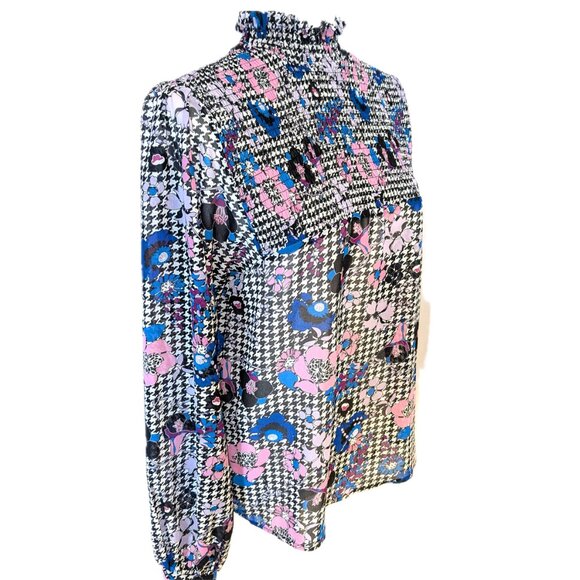 Guess | Floral Fantasy Houndstooth Print High Neck Blouse Pink Blue | Medium - Picture 3 of 12